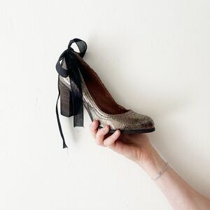 Lucky Brand Ribbon Tie Heels Metallic Bronze Snakeskin Shoes Ballet Moto Round 8